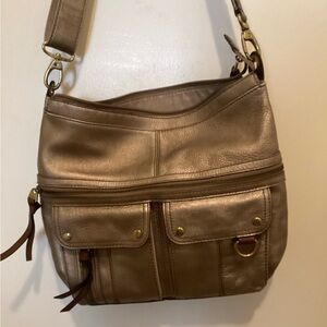 Fossil Metallic Taupe Leather Shoulder Bag